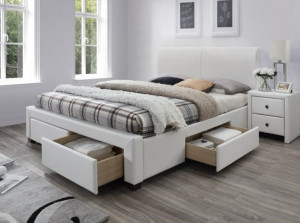 PAT DORMITOR MODENA 2, CU SPATIU DE DEPOZITARE, 160X200 CM, ALB, DIN LEMN MASIV SI PIELE ECOLOGICA, STIL MODERN - Img 1