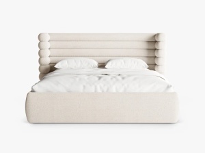 PAT TAPITAT MOUNT, 180X200, BEJ DESCHIS, SOMIERA RABATABILA, CU TAPITERIE DIN TEXTIL BOUCLE CORAL, MICADONI - Img 2