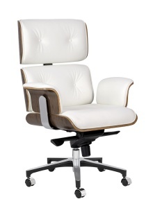 SCAUN DE BIROU DE LUX, ARTIM LOUNGE BUSINESS, REALIZAT PIELE NATURALA ITALIANA SI LEMN, CULOARE ALB/NUC, STIL EAMES
