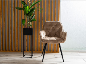 SCAUN DINING CHERRY, BEJ BLUVEL 28/NEGRU MAT, TAPITERIE DIN CATIFEA SI PICIOARE DIN METAL, STIL MODERN
