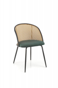 SCAUN DINING K508, VERDE/NATURAL/NEGRU, TAPITERIE DIN CATIFEA, RATTAN SI PICIOARE DIN METAL, STIL MODERN