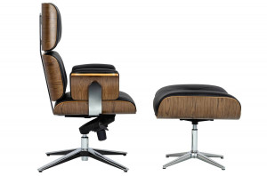 SCAUN EXCLUSIVIST CU TABURET, LOUNGE BUSINESS, NEGRU/NUC, PIELE NATURALA SI LEMN DE NUC, STIL MODERN - Img 2