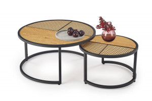 SET 2 MASUTE DE CAFEA GARMINA, STEJAR/NEGRU, DIN MDF FURNIRUIT, RATAN SI METAL, STIL MODERN