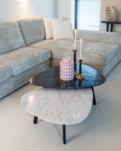 SET 2 MASUTE DE CAFEA TROCADERO 211982, CONFECTIONATE DIN MDF, MARMURA SI METAL, CULOAREA ALB/NEGRU, STIL MODERN