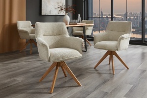 SET 2 SCAUNE ROTATIVE, LE GRAND, REALIZAT DIN MATERIAL CHENILLE BEJ SI PICIOARE DIN LEMN, ARTIM GROUP SELECTION