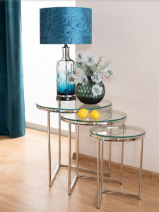 SET 3 MASUTE DE CAFEA TRINITY, TRANSPARENT/CROM, BLAT DIN STICLA SECURIZATA SI CADRU DIN METAL, STIL MODERN