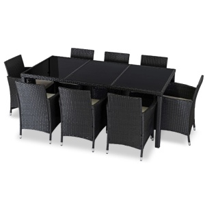 SET MOBILIER GRADINA, ARTIM MEBLE, MASA SI 8 SCAUNE, REALIZAT DIN POLIRATAN, CULOARE NEGRU/BEJ, STIL MODERN
