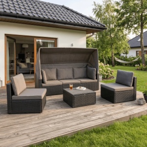 SET MOBILIER TERASA/GRADINA, CALIENTE, ARTIM MEBLE, DIN TEHNORATAN SI TEXTIL, CULOARE NEGRU/MARO
