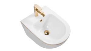 SET VAS DE TOALETA CARLO FLAT MINI+BIDEU CARLO MINI EDGE SUSPENDATE, ALB/AURIU, DIN CERAMICA, CALITATE SUPERIOARA - Img 5