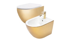 SET VAS DE TOALETA REA CARLO FLAT+BIDEU CARLO MINI SUSPENDATE, AURIU/ALB, DIN CERAMICA, CALITATE SUPERIOARA - Img 1