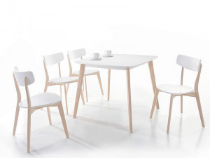 STOC 1 buc !!! MASA LIVING/DINING TIBI, 90 CM, ALB/STEJAR, BLAT DIN MDF SI PICIOARE DIN LEMN, STIL MODERN - Img 2