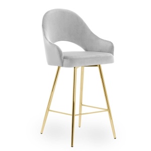 STOC 1 BUC!!! SCAUN DE BAR GODA, 70 CM, GRI/AURIU, TAPITERIE DIN CATIFEA SI PICIOARE DIN METAL, STIL MODERN