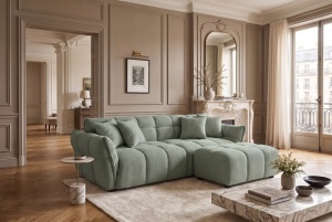 TABURET CONFORTABIL CLOUD 100CM, REALIZAT DIN LEMN SI MATERIAL BOUCLE, CULOARE VERDE SALVIE - Img 5