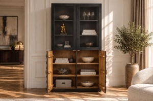 VITRINA LIVING GOLDEN SUNSET 180CM, MODEL 3D, REALIZAT DIN LEMN DE MANGO, STICLA SI PICIOARE DIN METAL, CULOARE NEGRU/AURIU - Img 2