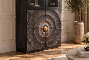 VITRINA LIVING GOLDEN SUNSET 180CM, MODEL 3D, REALIZAT DIN LEMN DE MANGO, STICLA SI PICIOARE DIN METAL, CULOARE NEGRU/AURIU - Img 12