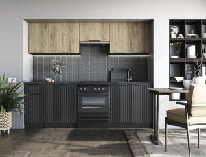 BUCATARIE EMMA, 240 CM, STEJAR ARTISAN/NEGRU, DIN MDF SI LEMN DE CARBON, STIL MODERN
