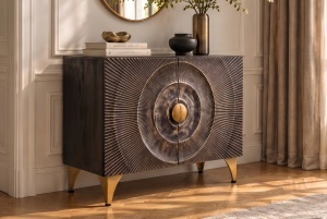 BUFET LIVING GOLDEN SUNSET 100CM, MODEL 3D, REALIZAT DIN LEMN DE MANGO SI PICIOARE DIN METAL, CULOARE NEGRU/AURIU - Img 7