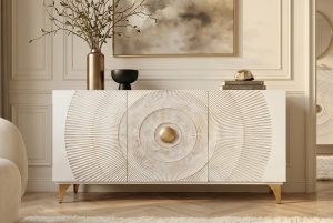 BUFET LIVING GOLDEN SUNSET 140CM, REALIZAT DIN LEMN DE MANGO, DE CULOARE ALB/AURIU, MODEL 3D, ARTIM GROUP - Img 10