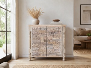 BUFET LIVING ORIGEN 90CM, DIN LEMN DE STEJAR, CULOARE NATUR/GRI ANTICHIZAT, STIL BOHO ETNIC, ARTIM GROUP SELECTION - Img 2