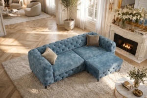 CANAPEA ELEGANTA CHESTERFIELD 235CM, DIN LEMN SI TEXTIL CATIFEA, CULOARE ALBASTRU, INVICTA INTERIOR - Img 9