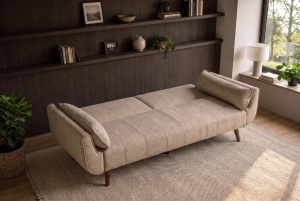 CANAPEA EXTENSIBILA DIVANI 220CM, 3 LOCURI, REALIZAT DIN LEMN SI CATIFEA, CULOARE BEJ SAMPANIE - Img 3