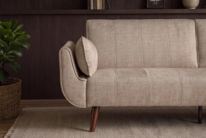 CANAPEA EXTENSIBILA DIVANI 220CM, 3 LOCURI, REALIZAT DIN LEMN SI TEXTIL CATIFEA, CULOARE BEJ - Img 10