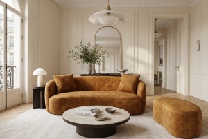 CANAPEA LIVING SEMIROTUNDA ELEMENTS, 180CM, 2 LOCURI, DIN LEMN SI MATERIAL CATIFEA, CULOARE GALBEN MUSTAR, INVICTA INTERIOR - Img 2