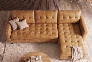 COLTAR MODERN STOCKHOLM 220CM, 3 LOCURI, CU SEZLONG, REALIZAT DIN TEXTIL FOARTE FIN- CATIFEA, CULOARE GALBEN MUSTAR - Img 4