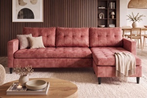 COLTAR MODERN STOCKHOLM 220CM, 3 LOCURI, CU SEZLONG, REALIZAT DIN TEXTIL FOARTE FIN- CATIFEA, CULOARE ROZ ANTICHIZAT - Img 13