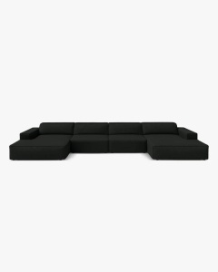 COLTAR PANORAMIC, CU 6 LOCURI, JODIE, 364X162 CM, ADANCIME SCAUN 62 CM, NEGRU, TAPITAT CU TAPITERIE DIN TEXTIL BOUCLE BALOO, MICADONI