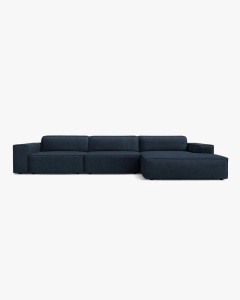 COLTAR PE DREAPTA JODIE, CU 4 LOCURI, 284X162 CM, ADANCIME SCAUN 62 CM, ALBASTRU INCHIS, TAPITAT CU TAPITERIE DIN TEXTIL BOUCLE BALOO, MICADONI
