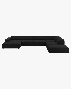 COLTAR PE DREAPTA JODIE, CU 7 LOCURI, 361X258 CM, ADANCIME SCAUN 62 CM, NEGRU, TAPITAT CU TAPITERIE DIN TEXTIL STRUCTURAT MEGAN, MICADONI