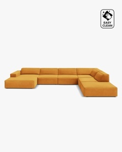 COLTAR PE DREAPTA JODIE, CU 7 LOCURI, 361X258 CM, ADANCIME SCAUN 62 CM, GALBEN, TAPITAT CU TAPITERIE DIN TEXTIL CATIFEA VENUS, MICADONI