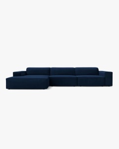 COLTAR PE STANGA JODIE, CU 4 LOCURI, 284X162 CM, ADANCIME SCAUN 62 CM, ALBASTRU ROYAL, TAPITAT CU TAPITERIE DIN TEXTIL CATIFEA BLUVEL, MICADONI
