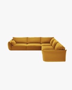 COLTAR SPATIOS SI CONFORTABIL KAELLE, 286 CM, CU 7 LOCURI, GALBEN, CU TAPITERIE DIN TEXTIL CATIFEA BLUVEL, MICADONI
