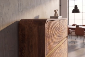 COMODA INALTA LIVING MONZA 120CM, REALIZATA DIN LEMN DE MANGO, DETALII AURII, CULOARE MARO/AURIU - Img 14