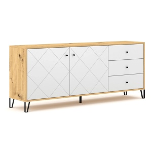 COMODA LIVING 183CM, ARTIM MEBLE, CU 2 USI SI 3 SERTARE, REALIZAT DIN MDF SI METAL, CULOARE ALB/STEJAR, STIL MODERN