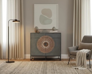 COMODA LIVING MANDALA 100CM, REALIZATA DIN LEMN DE MANGO SI METAL, CULOARE GRI/NEGRU/MARO, GINER Y COLOMER - Img 3