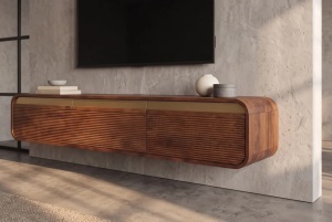 COMODA LIVING TV 160CM, REALIZATA DIN LEMN DE MANGO, DETALII AURII, CULOARE MARO/AURIU - Img 14
