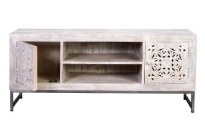COMODA TV MYKONOS 130CM, REALIZATA DIN LEMN DE MANGO SI METAL, CULOARE ALB ANTICHIZAT, GINER Y COLOMER