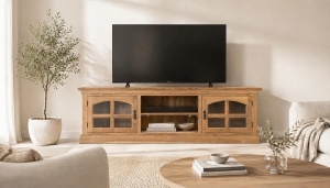 COMODA TV PISTOIA 180CM, REALIZATA DIN LEMN DE TEC SI STICLA, CULOARE NATUR, GINER Y COLOMER - Img 2
