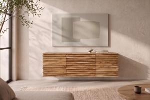 COMODA TV RELIEF 175CM, REALIZATA DIN LEMN MASIV DE SALCAM, CULOARE NATUR, MONTAJ PE PERETE, INVICTA INTERIOR - Img 6