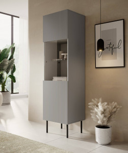 DULAP/VITRINA LIVING ASENSIO W-1, 180X50 CM, GRI DESCHIS/NEGRU, MDF LAMINAT, PAL, STICLA SI METAL, STIL MODERN