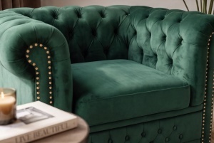 FOTOLIU CHESTERFIELD, REALIZAT DIN LEMN SI TEXTIL CATIFEA, CULOARE VERDE SMARALD, STIL CLASIC - Img 11