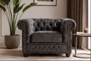 FOTOLIU STIL CHESTERFIELD, DIN LEMN SI TEXTIL FIN, CATIFEA, CULOARE GRI, INVICTA INTERIOR - Img 4