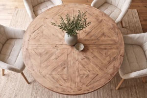 MASA DE SUFRAGERIE ROTUNDA HAMPTONS, 140CM, REALIZATA DIN LEMN DE PIN CONCORD, CULOARE MARO DESCHIS/CREM - Img 6