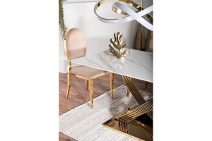MASA DINING 160 CM, EFECT DE MARMURA ALBA/AURIU, BLAT DIN CERAMICA SI PICIOARE DIN METAL , STIL MODERN - Img 5