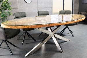 MASA DINING BARRACUDA, OVALA 220CM, REALIZATA DIN LEMN DE TEX, BLAT DE STICLA SI SUPORT DIN METAL, CULOARE MARO/NATURAL- CROM, ARTIM GROUP