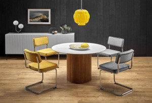 MASA DINING BRUNO, CU ASPECT DE MARMURA ALBA/NUC, 120 CM, BLAT DIN CERAMICA SI PICIOR DIN LEMN MASIV, STIL MODERN