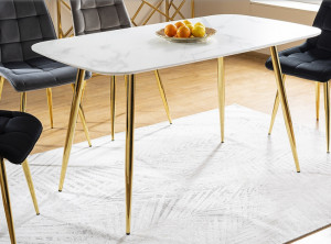 MASA DINING CERES, 140 CM, EFECT DE MARMURA ALBA/AURIU, BLAT DIN MDF, STICLA SECURIZATA SI PICIOARE DIN METAL, STIL MODERN - Img 2